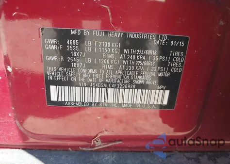 2015 Subaru Outback 2.5I Limited z USA, uszkodzony, nr VIN 4S4BSALC4F3290938